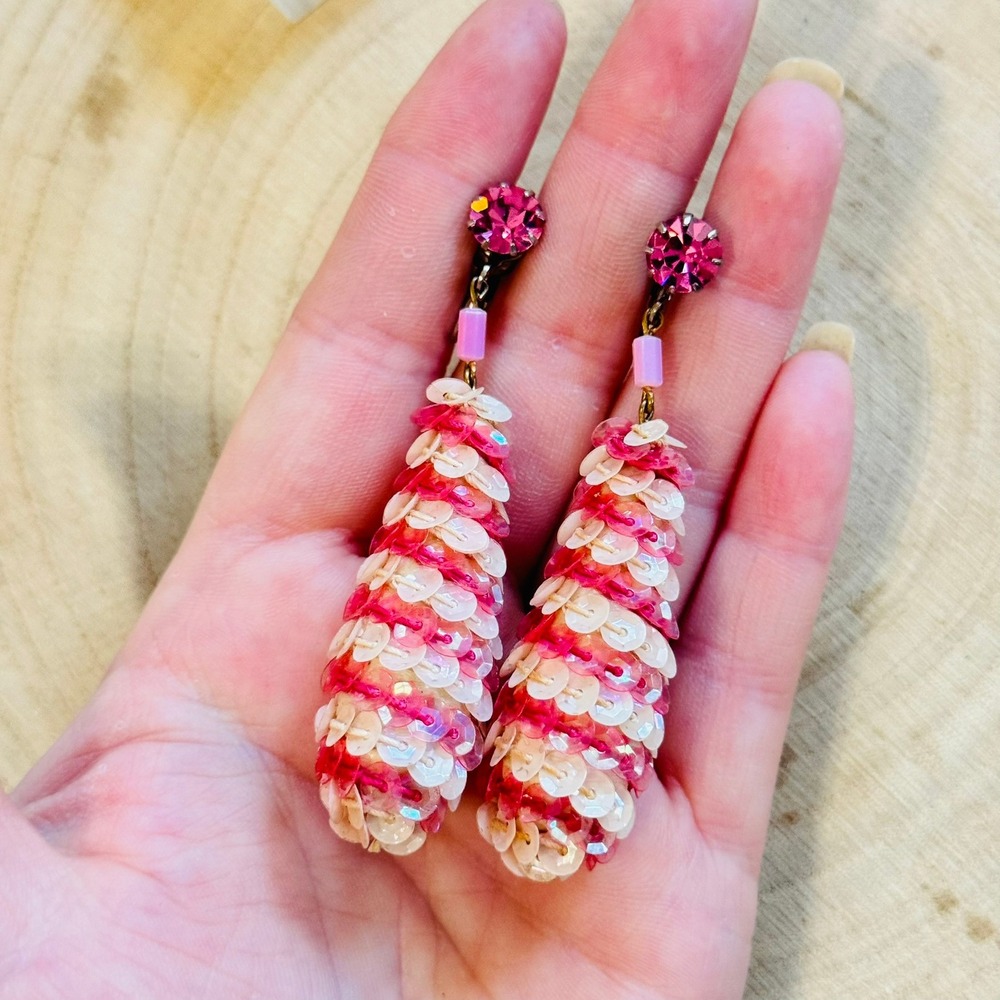 pink swirl candy cane Earrings VTG jeweled Clip Crystal Rhinestone Dangle 60s 3"